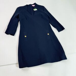 Lilly Pulitzer Charlena Shift Dress Womens Medium Long Sleeve Navy Blue Elegant